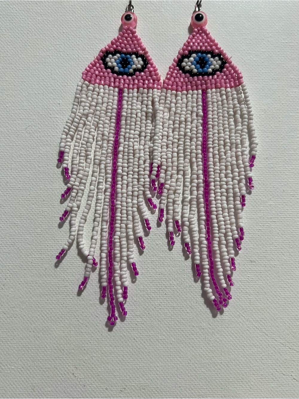 Pink and White Beaded Fringe Eye Statement Earrings